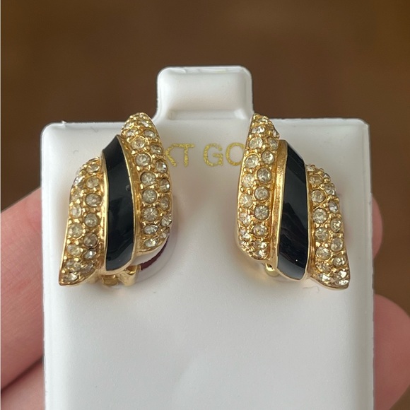 Vintage Christian Dior Zebra Wing Stripe Black Enamel Rhinestone Gold Earrings - Picture 1 of 4